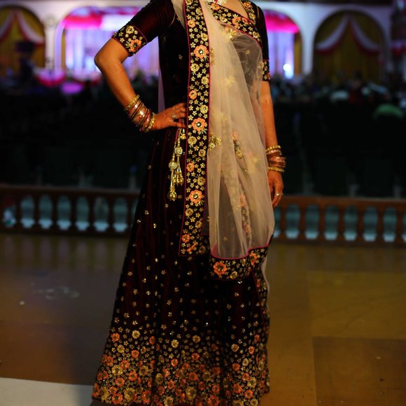 Other - Grand Wine Coloured Lehenga Embellished with Pink and Gold Embroidered Flowers